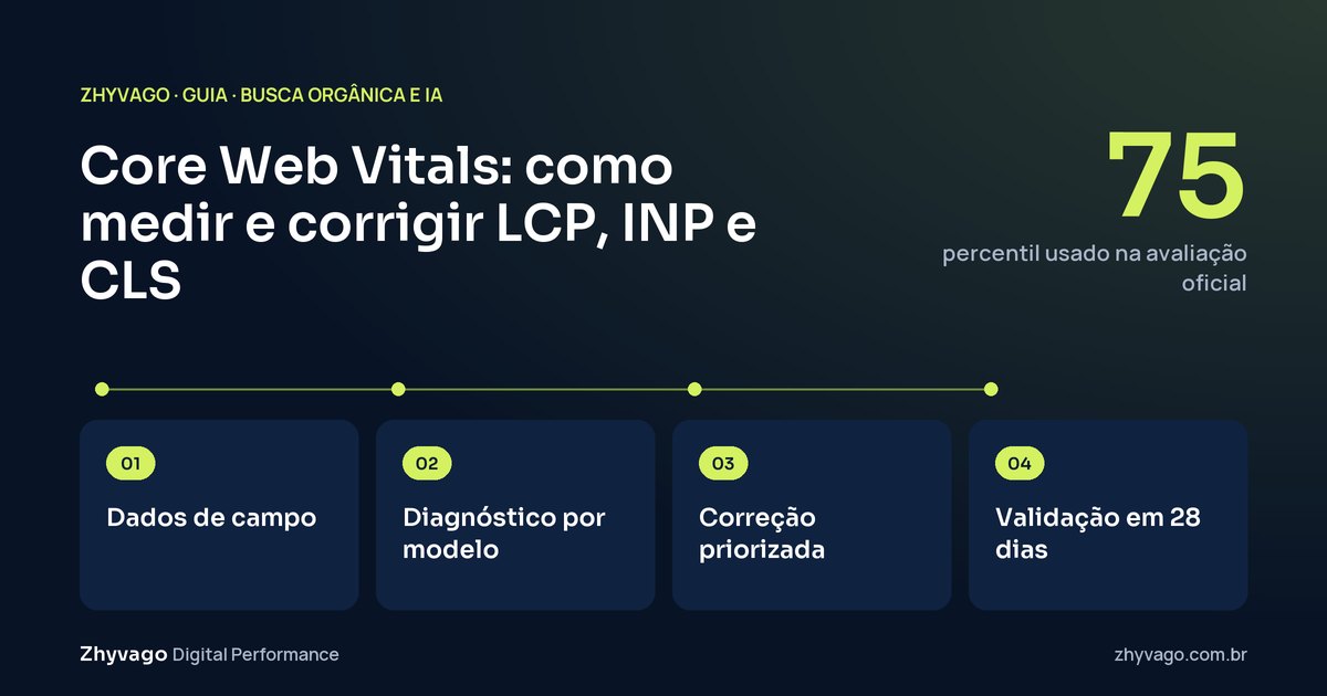 Diagrama do guia: Roteiro de um projeto de Core Web Vitals: dos dados reais à correção por modelo de página, confirmada em campo.
